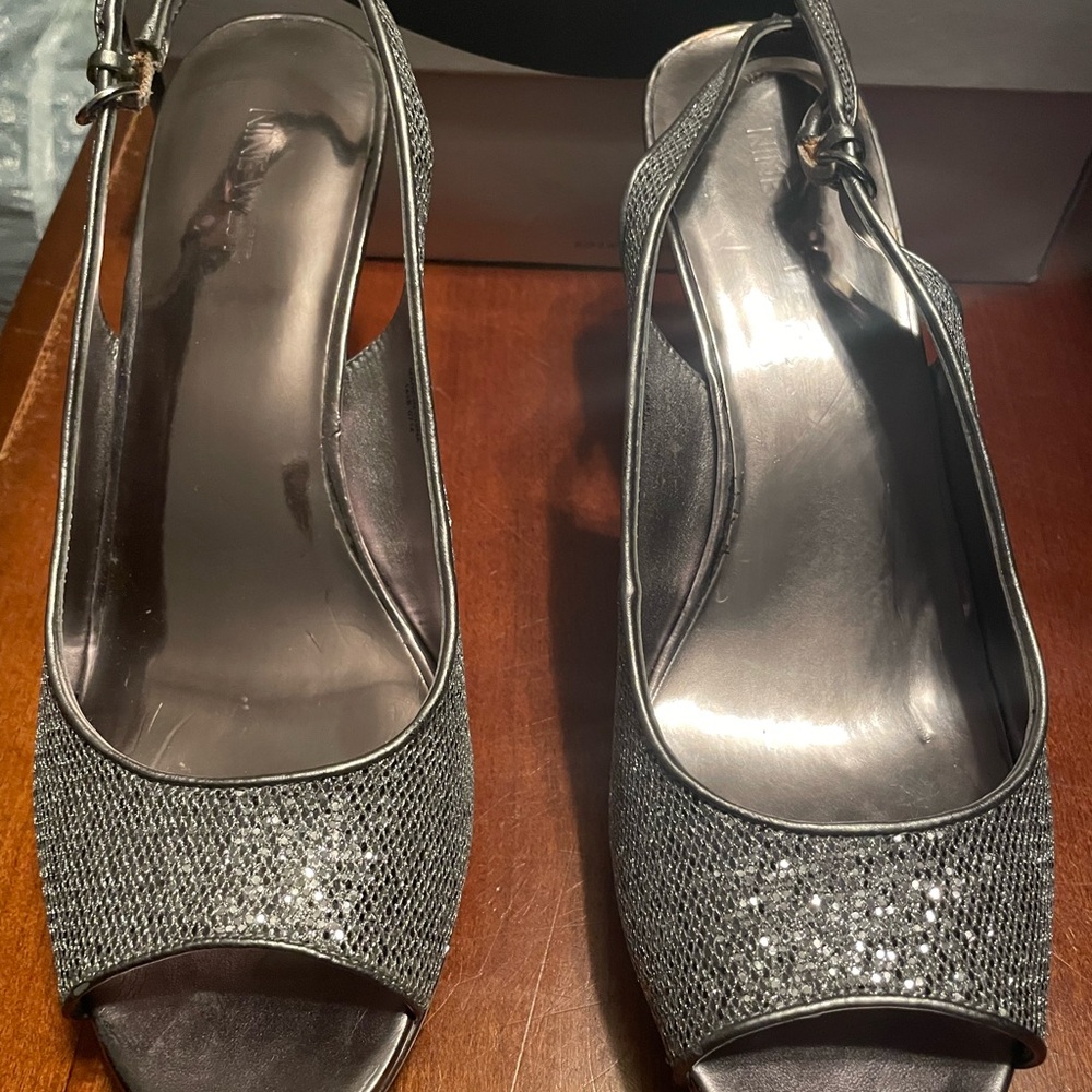 Nine West Silver Peep-Toe Slingback Heels